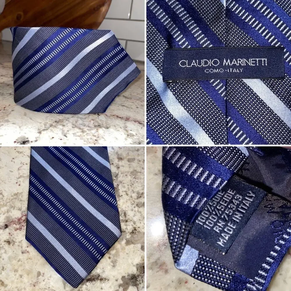 Claudio Marinetti Como Italy Blue Stripe 100% Silk Mens Tie EUC